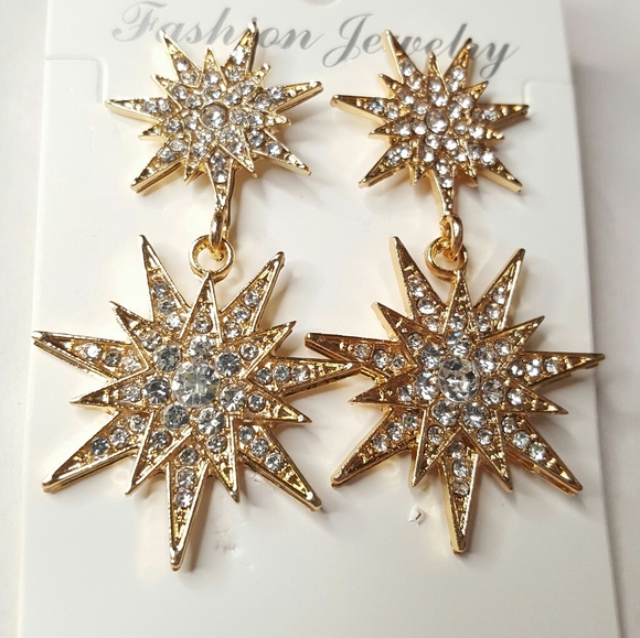 Jewelry - Clear Crystal Double Starburst Drop Earrings